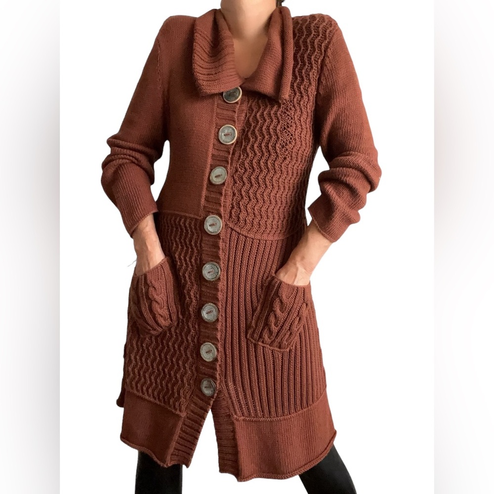 Pure Handknit Womens Rust Brown Long Cardigan Sweater M/L Mother Button